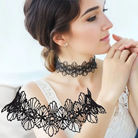 Monalisa Home Kadınlar İçin Phenovo Siyah Dantelli Gerdanlık Kolye