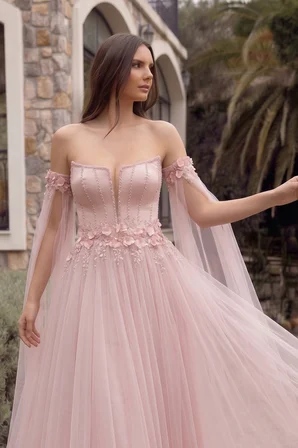 Ömür Inn Kadın Straplez Kolları Tül Pelerin Uzun Abiye Elbise 6457 Pudra