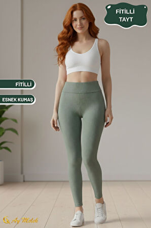 Kadın Tayt Yüksek Bel Toparlayıcı İç Göstermeyen Mevsimlik Fitilli Tayt