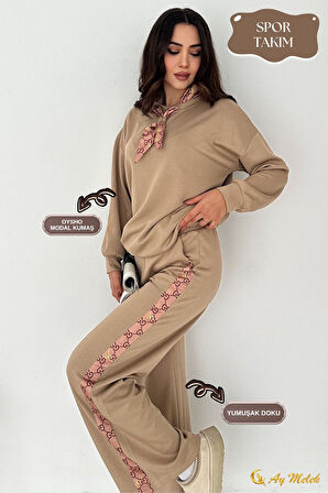 Kadın Modal Takım (HEDİYE Fular Aksesuarlı) Geniş Paça Spor Alt Üst Takım