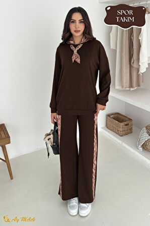 Kadın Modal Takım (HEDİYE Fular Aksesuarlı) Geniş Paça Spor Alt Üst Takım