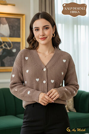 Kadın Triko Hırka V Yaka Kısa Dokulu Düğmeli Hırka