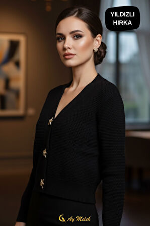 Kadın Triko Hırka Yumuşak V Yaka Yıldız Düğmeli Kısa Hırka