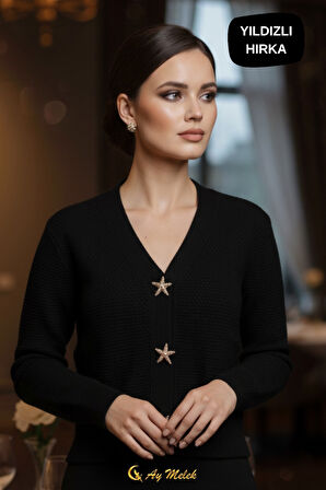 Kadın Triko Hırka Yumuşak V Yaka Yıldız Düğmeli Kısa Hırka