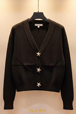 Kadın Triko Hırka Yumuşak V Yaka Yıldız Düğmeli Kısa Hırka