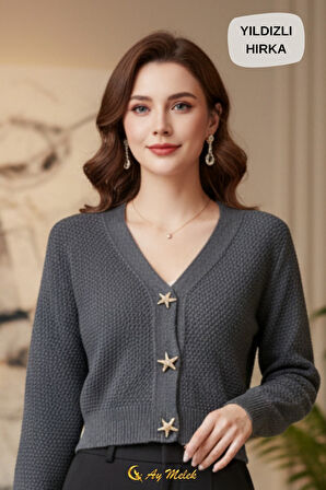 Kadın Triko Hırka Yumuşak V Yaka Yıldız Düğmeli Kısa Hırka