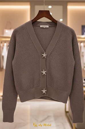 Kadın Triko Hırka Yumuşak V Yaka Yıldız Düğmeli Kısa Hırka