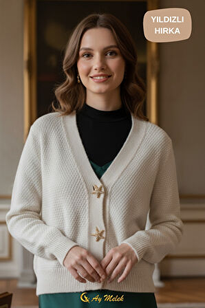 Kadın Triko Hırka Yumuşak V Yaka Yıldız Düğmeli Kısa Hırka