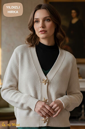 Kadın Triko Hırka Yumuşak V Yaka Yıldız Düğmeli Kısa Hırka