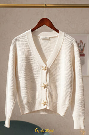 Kadın Triko Hırka Yumuşak V Yaka Yıldız Düğmeli Kısa Hırka