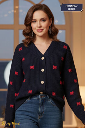Kadın Triko Hırka Düğmeli V Yaka Kısa Fiyonk Detaylı Dokulu Hırka