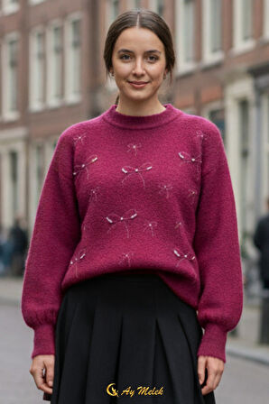 Kadın Triko Kazak Taşlı Fiyonk Detaylı Bisiklet Yaka Yumuşak Dokulu Kazak