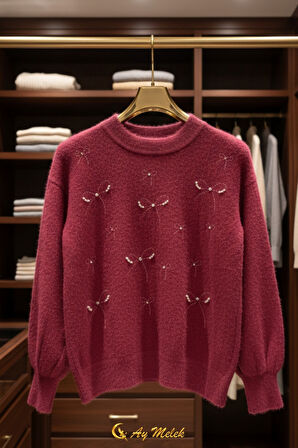 Kadın Triko Kazak Taşlı Fiyonk Detaylı Bisiklet Yaka Yumuşak Dokulu Kazak