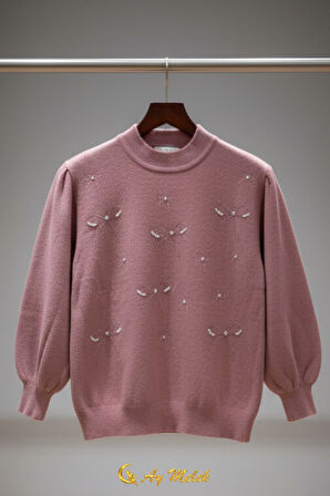 Kadın Triko Kazak Taşlı Fiyonk Detaylı Bisiklet Yaka Yumuşak Dokulu Kazak