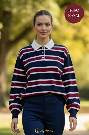 Kadın Triko Kazak Polo Yaka Çizgili Kısa Mevsimlik Kazak