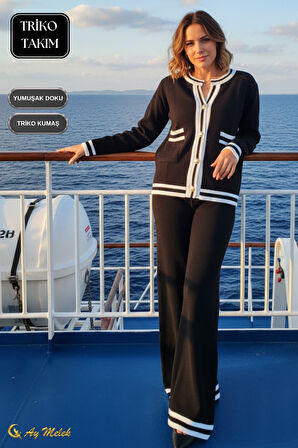 Kadın Triko Takım Şerit Detaylı Düğmeli Hırka ve Pantolon Alt Üst Takım