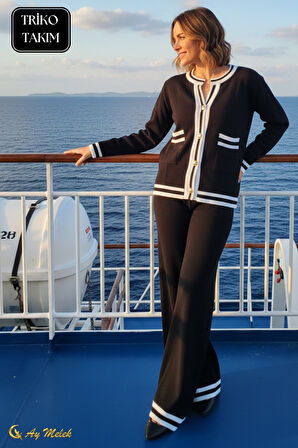 Kadın Triko Takım Şerit Detaylı Düğmeli Hırka ve Pantolon Alt Üst Takım