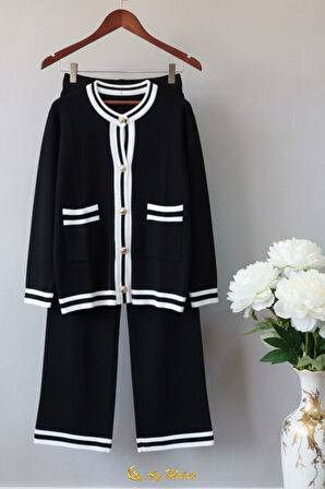 Kadın Triko Takım Şerit Detaylı Düğmeli Hırka ve Pantolon Alt Üst Takım