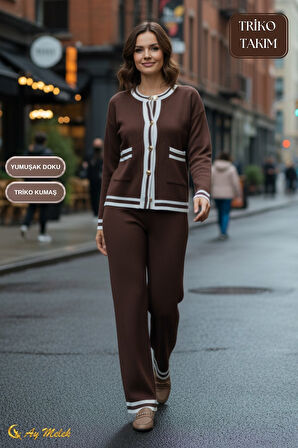 Kadın Triko Takım Şerit Detaylı Düğmeli Hırka ve Pantolon Alt Üst Takım
