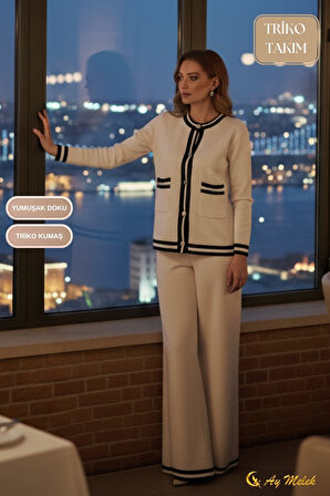 Kadın Triko Takım Şerit Detaylı Düğmeli Hırka ve Pantolon Alt Üst Takım