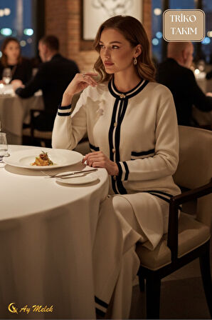 Kadın Triko Takım Şerit Detaylı Düğmeli Hırka ve Pantolon Alt Üst Takım