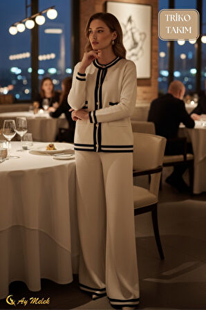 Kadın Triko Takım Şerit Detaylı Düğmeli Hırka ve Pantolon Alt Üst Takım