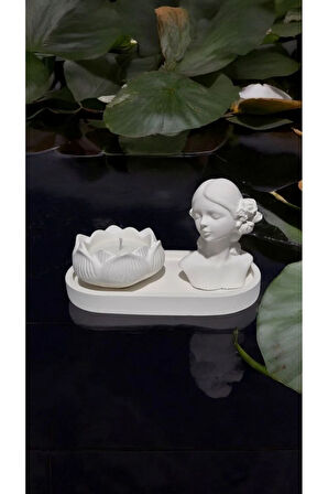 Taş Mumlukta %100 Doğal Soya Mum (Tepsi, kadın heykel, lotus)