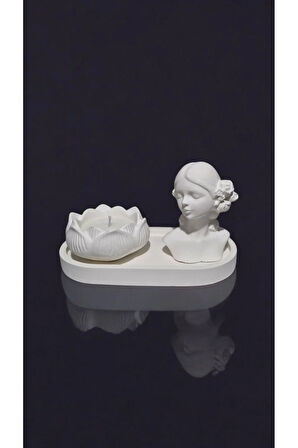 Taş Mumlukta %100 Doğal Soya Mum (Tepsi, kadın heykel, lotus)