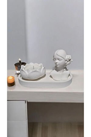 Taş Mumlukta %100 Doğal Soya Mum (Tepsi, kadın heykel, lotus)