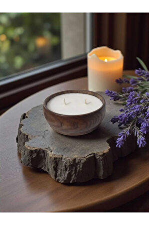 Ahşap Mumlukta Lavanta Esanslı %100 Doğal Soya Mum | Aromaterapi Serisi