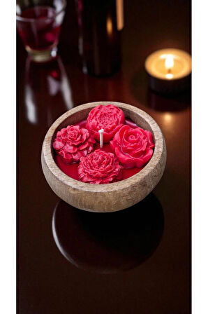 Romantik Ortam Kırmızı Gül Desenli Doğal Soya Wax Mum Ahşap Kasede Dekoratif 9 cm