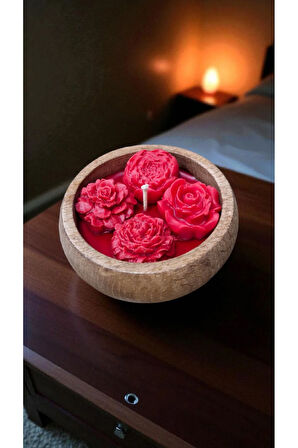 Romantik Ortam Kırmızı Gül Desenli Doğal Soya Wax Mum Ahşap Kasede Dekoratif 9 cm