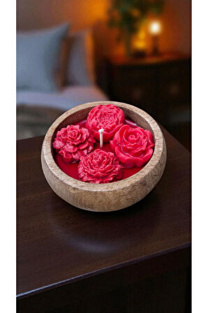 Romantik Ortam Kırmızı Gül Desenli Doğal Soya Wax Mum Ahşap Kasede Dekoratif 9 cm