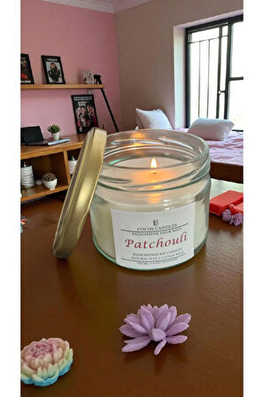 Paçuli Kokulu Doğal Soya Mum Aromaterapi ve Meditasyon İçin El Yapımı Cam Kavanoz