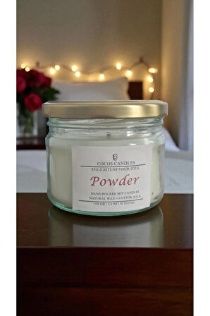 Pudra Kokulu Doğal Soya Mum Aromaterapi ve Meditasyon İçin El Yapımı Cam Kavanoz