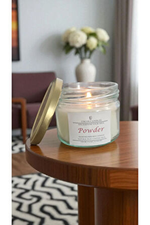 Pudra Kokulu Doğal Soya Mum Aromaterapi ve Meditasyon İçin El Yapımı Cam Kavanoz