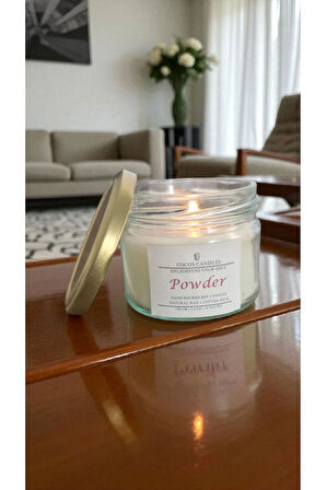 Pudra Kokulu Doğal Soya Mum Aromaterapi ve Meditasyon İçin El Yapımı Cam Kavanoz