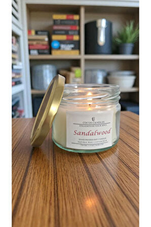 Sandal Ağacı Kokulu Doğal Soya Mum Aromaterapi ve Meditasyon İçin El Yapımı Cam Kavanoz