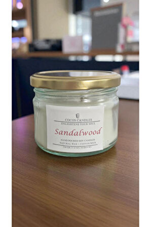 Sandal Ağacı Kokulu Doğal Soya Mum Aromaterapi ve Meditasyon İçin El Yapımı Cam Kavanoz