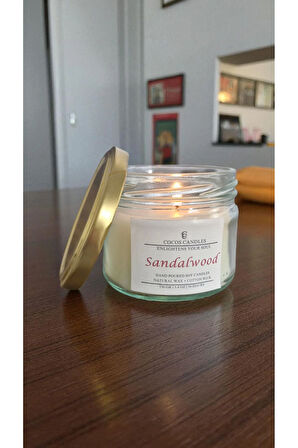 Sandal Ağacı Kokulu Doğal Soya Mum Aromaterapi ve Meditasyon İçin El Yapımı Cam Kavanoz