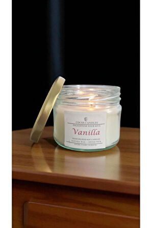 Vanilya Kokulu Doğal Soya Mum Aromaterapi ve Meditasyon İçin El Yapımı Cam Kavanoz