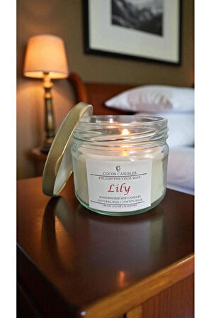 Zambak Kokulu Doğal Soya Mum Aromaterapi ve Meditasyon İçin El Yapımı Cam Kavanoz