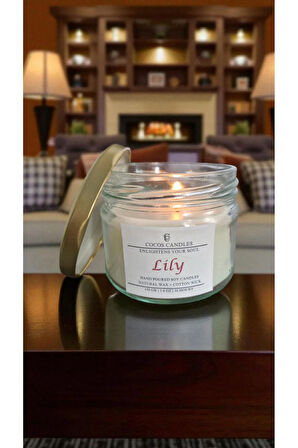 Zambak Kokulu Doğal Soya Mum Aromaterapi ve Meditasyon İçin El Yapımı Cam Kavanoz