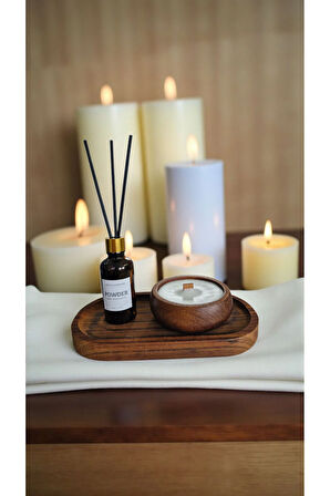 Pudra Mum&Koku Set-Ahşap Tabak Ahşap Fitil Bambu Oda Kokusu (50 ml)