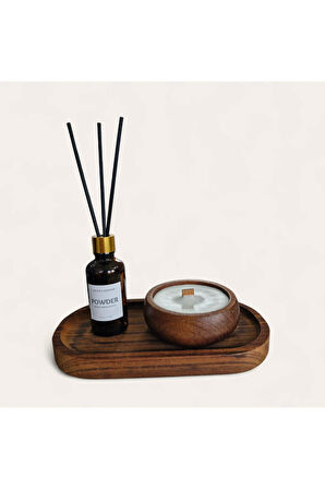 Pudra Mum&Koku Set-Ahşap Tabak Ahşap Fitil Bambu Oda Kokusu (50 ml)