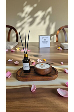 Pudra Mum&Koku Set-Ahşap Tabak Ahşap Fitil Bambu Oda Kokusu (50 ml)