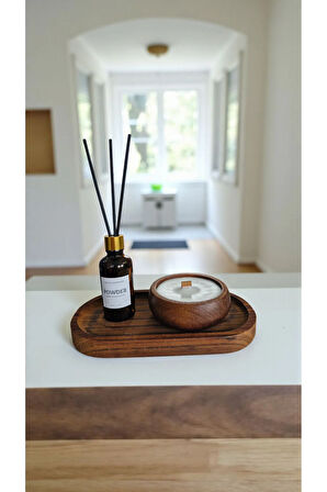 Pudra Mum&Koku Set-Ahşap Tabak Ahşap Fitil Bambu Oda Kokusu (50 ml)