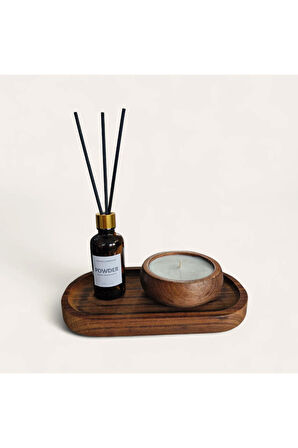 Pudra Mum&Koku Set-Ahşap Tabak Pamuk Fitil Bambu Oda Kokusu (50 ml)