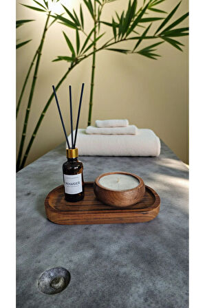 Pudra Mum&Koku Set-Ahşap Tabak Pamuk Fitil Bambu Oda Kokusu (50 ml)