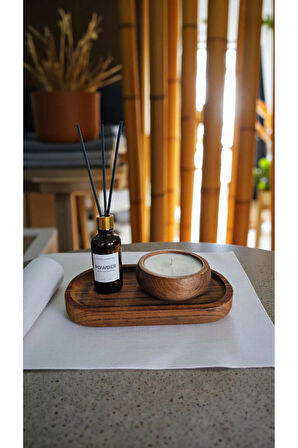 Pudra Mum&Koku Set-Ahşap Tabak Pamuk Fitil Bambu Oda Kokusu (50 ml)